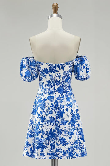 Off The Shoulder Floral A Line Blue Printed Homecoming Dress